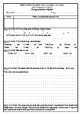 Đề kiểm tra học kỳ I môn Toán + Tiếng Việt Lớp 5 - Năm học 2015-2016
